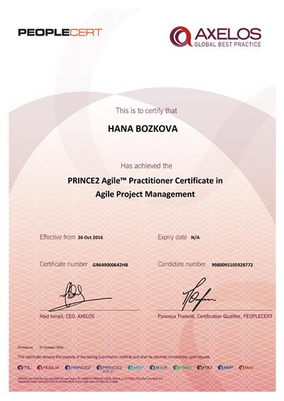 PRINCE2 Agile Practitioner certifikát Hana Božková
