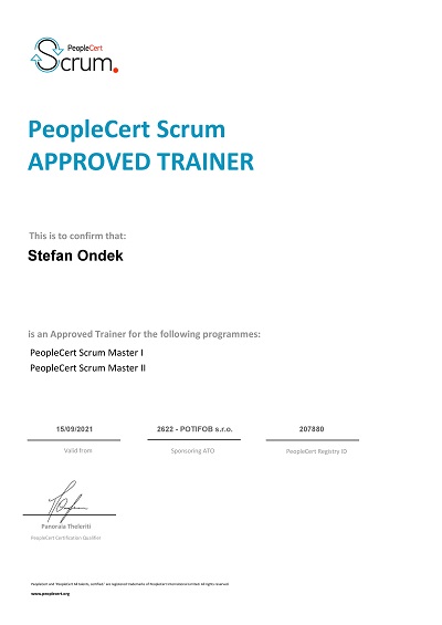 Certifikát PeopleCert Scrum Master I a II Approved Trainer Štefan Ondek