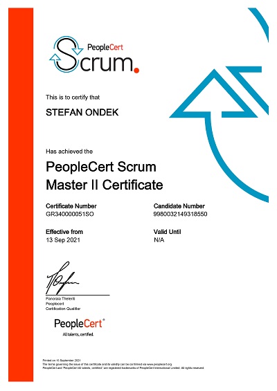 Scrum Master II certifikát Štefan Ondek od PeopleCert