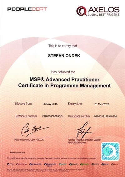 certifikát MSP Registered Advanced Practitioner Štefan Ondek