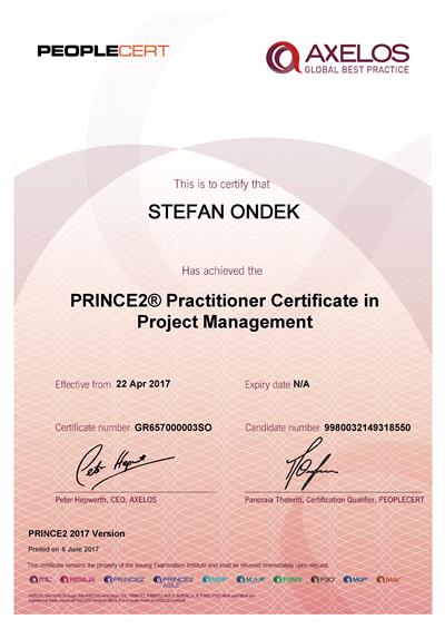 PRINCE2 2017 Practitioner certifikát Štefan Ondek