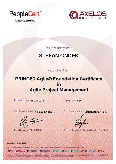 PRINCE2 Agile Foundation certifikát Štefan Ondek