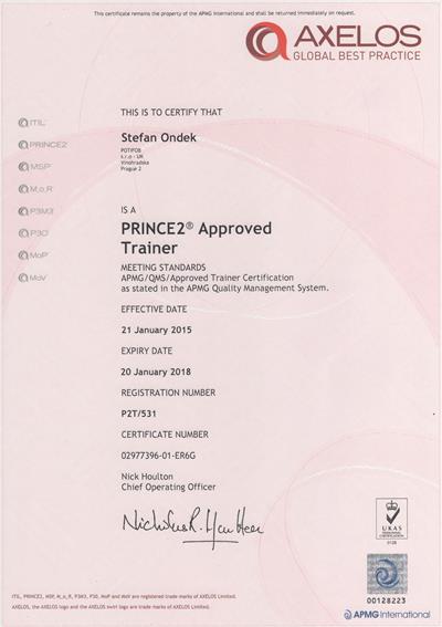 PRINCE2 Approved Trainer certifikát Štefan Ondek APMG 2015-2018