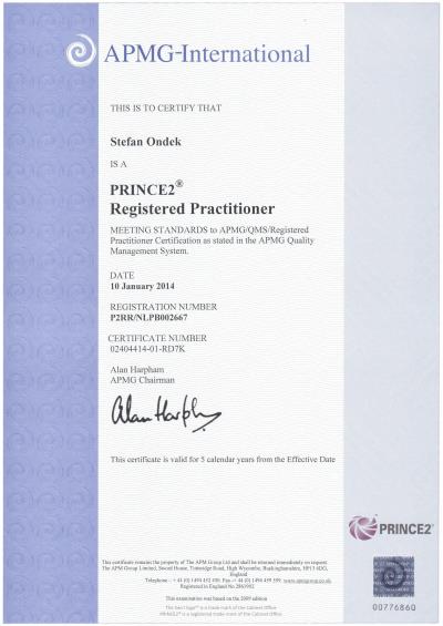 certifikát PRINCE2 Practitioner Štefan Ondek 2014-2019